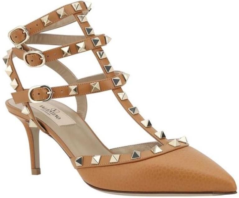 Valentino Garavani Studded Tan Leren Hakken Brown Dames