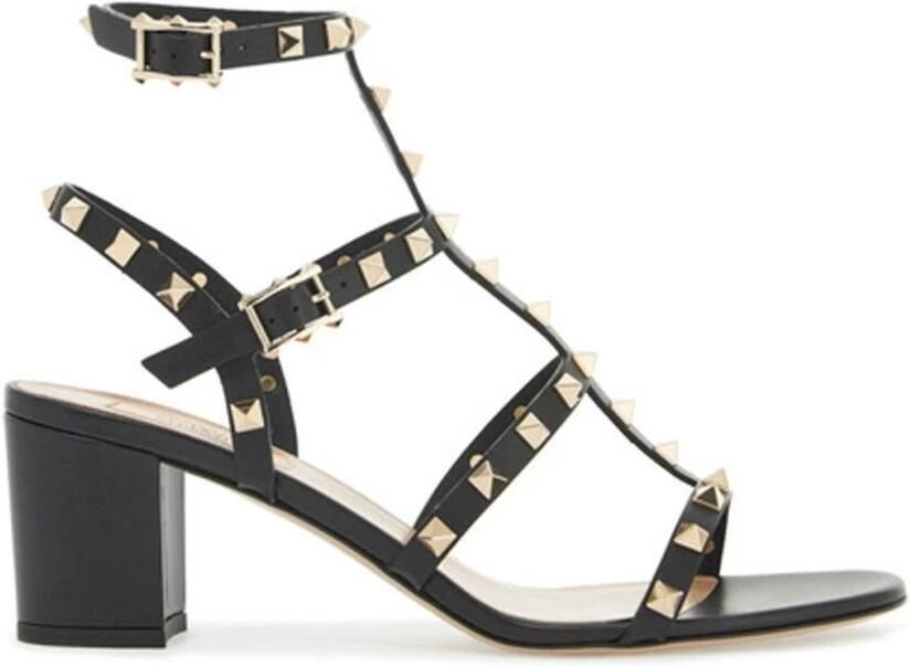 Valentino Garavani Studded Leren Sandalen met Dikke Hak Black Dames