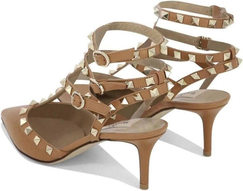 Valentino Garavani Studded Tan Leren Hakken Brown Dames