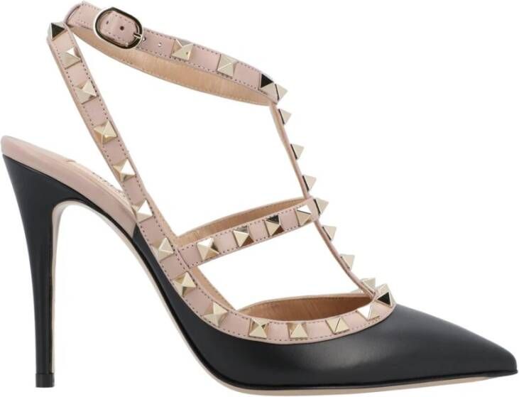 Valentino Garavani Zwarte Leren Rockstud T-Strap Hakken