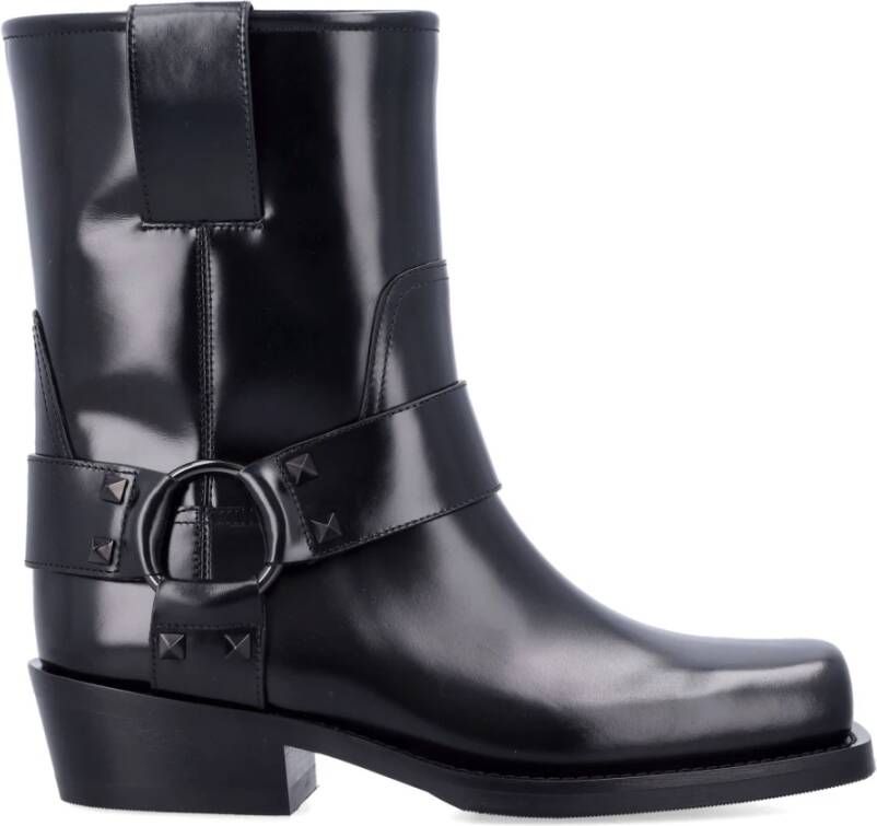 Valentino Garavani Zwarte Rockstud Leren Biker Enkellaarzen
