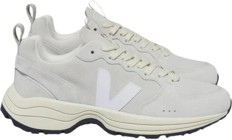Veja Grijze Leren Sneakers Ronde Neus Vetersluiting Gray Dames