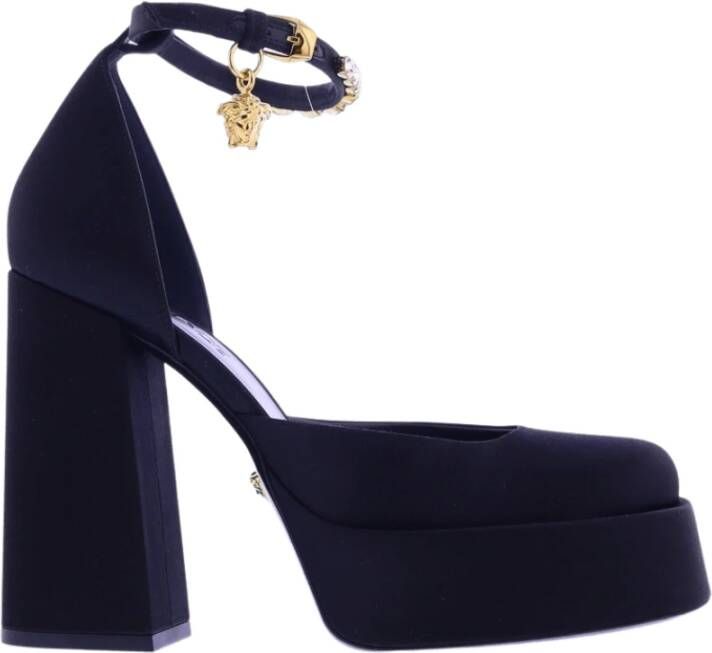 Versace Zijden Satijnen Plateau Pumps met Kristallen Versiering Black Dames