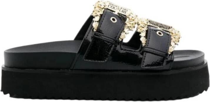 Versace Gesp Sandalen Zwart Gegraveerd Logo Black Dames