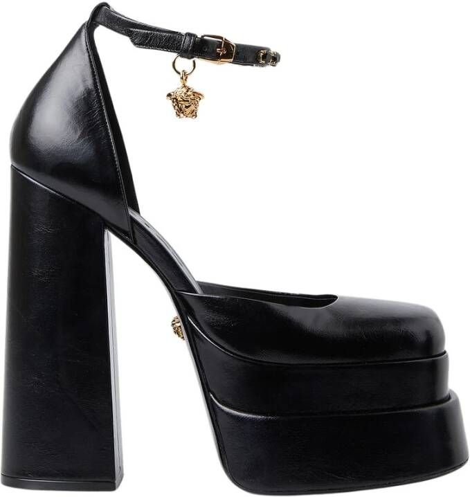 Versace Zijden Satijnen Plateau Pumps met Kristallen Versiering Black Dames