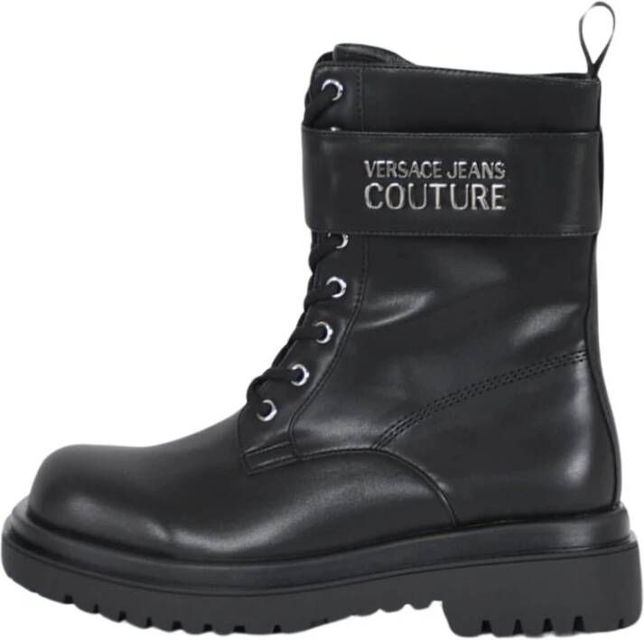 Versace Jeans Couture Zwarte platte schoenen met ritssluiting en klittenbandsluiting Black Dames