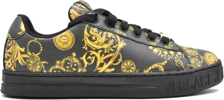 Versace Jeans Couture Gedrukte leren sneakers met gouden detail Black Dames