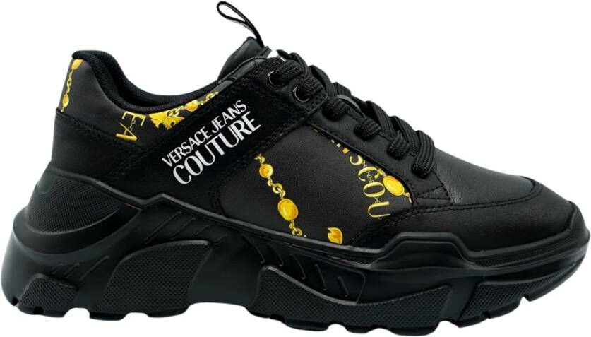 Versace Jeans Couture Barok Detail Zwart Leren Platte Schoenen Black Heren