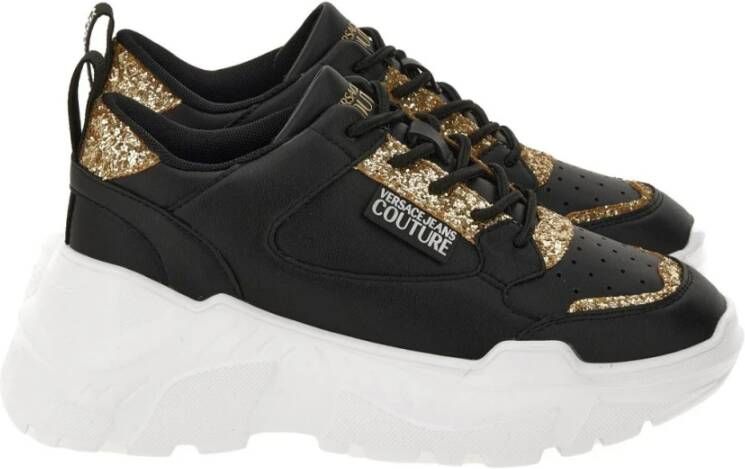 Versace Jeans Couture Zwarte leren damesschoenen met gouden glitter en rubberen zool Black Dames - Foto 4