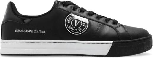 Versace Jeans Couture Zwarte leren sneakers met reflecterende patch en logo Black Heren