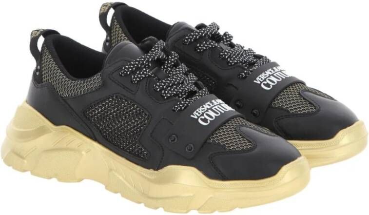 Versace Jeans Couture Zwarte Leren Sneaker met Goudkleurige Rubberen Zool Black Heren