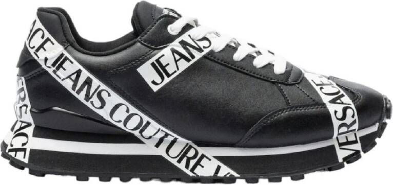 Versace Jeans Couture Zwarte Leren Heren Sneakers met Logo Belettering Black Heren