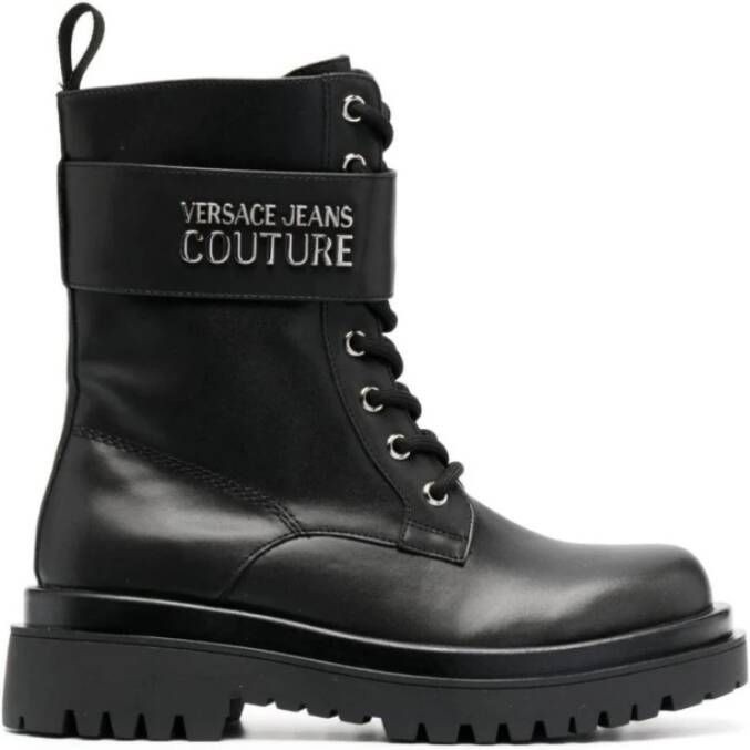 Versace Jeans Couture Zwarte platte schoenen met ritssluiting en klittenbandsluiting Black Dames