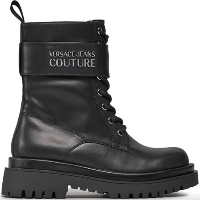 Versace Jeans Couture Zwarte platte schoenen met ritssluiting en klittenbandsluiting Black Dames