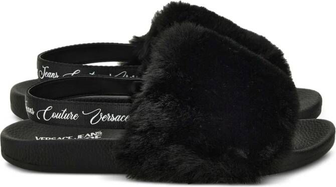Versace Jeans Couture Zwarte Bontafwerking Slingback Sandalen