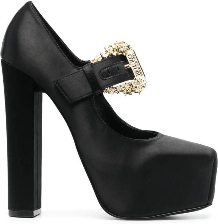 Versace Jeans Couture Zwarte Satijnen Platform Pumps met Barok Gesp Black Dames