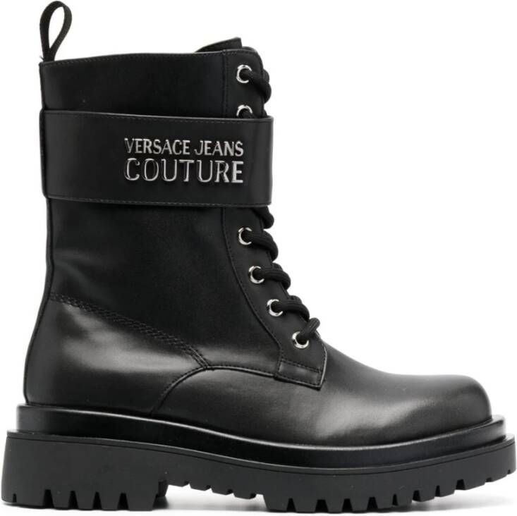 Versace Jeans Couture Zwarte platte schoenen met ritssluiting en klittenbandsluiting Black Dames