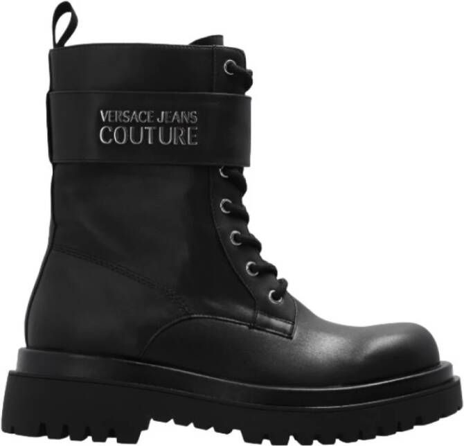 Versace Jeans Couture Zwarte platte schoenen met ritssluiting en klittenbandsluiting Black Dames