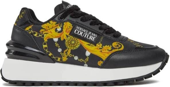 Versace Jeans Couture Zwarte Leren Sneakers met Barok Print Black Dames