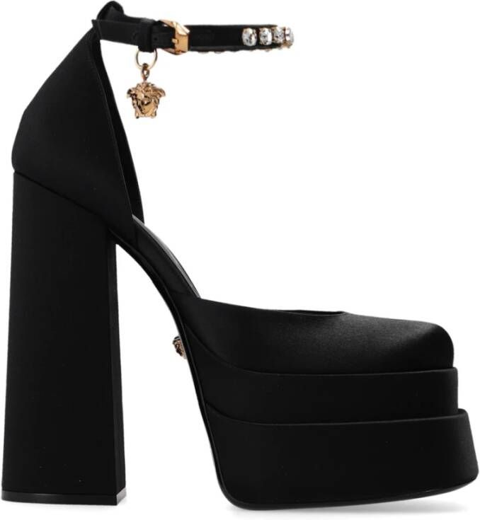 Versace Zijden Satijnen Plateau Pumps met Kristallen Versiering Black Dames