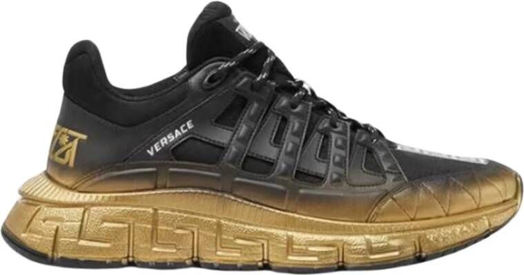 Versace Zwarte Gouden Trigreca Canvas Leren Trainers Black Heren