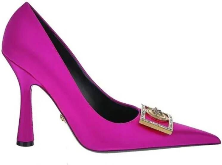 Versace Suède leren mocassin met hak in fuchsia satijn Pink Dames