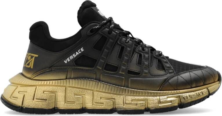 Versace Zwarte Gouden Trigreca Canvas Leren Trainers Black Heren