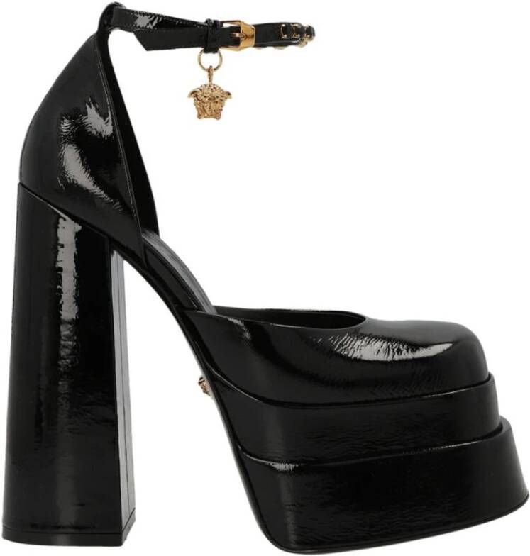 Versace Zijden Satijnen Plateau Pumps met Kristallen Versiering Black Dames