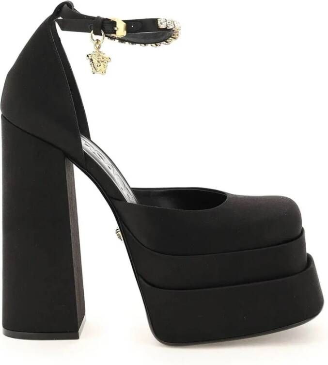 Versace Zijden Satijnen Plateau Pumps met Kristallen Versiering Black Dames