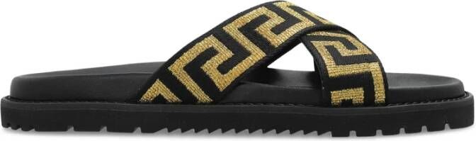 Versace Zwarte Cross-Strap Sandalen Greca Patroon
