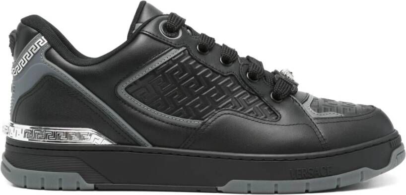 Versace Zwarte Leren Grieks Motief Sneakers