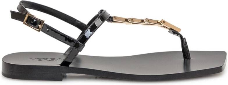 Versace Zwarte leren lage sandalen met V-hardware