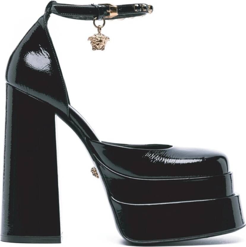 Versace Zijden Satijnen Plateau Pumps met Kristallen Versiering Black Dames