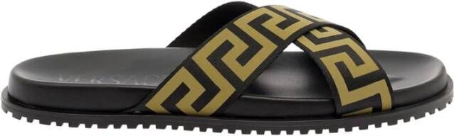 Versace Zwarte Slip-on Sandalen met Greca Motief Black Heren