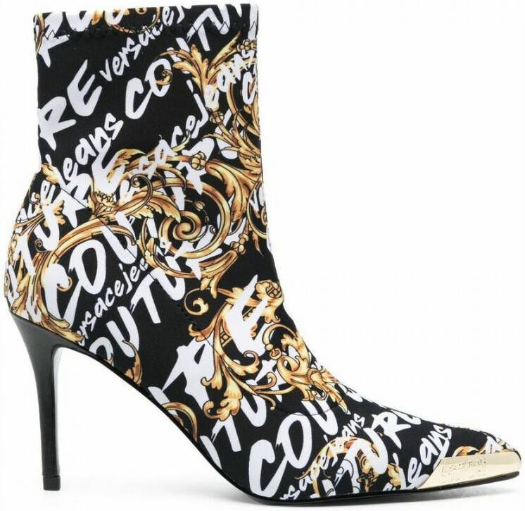Versace Jeans Couture Glamour Tronchetto met barokdruk en punt afgewerkt met een Logottel 73V3S51-Zs371 zwart goud Zwart Dames