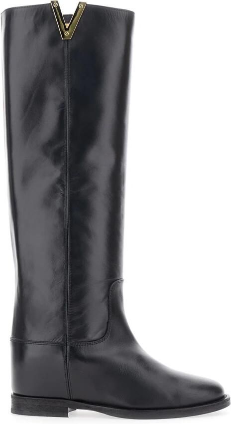 Via Roma 15 Zwarte hoge laarzen van leer met gouden `V`-detail