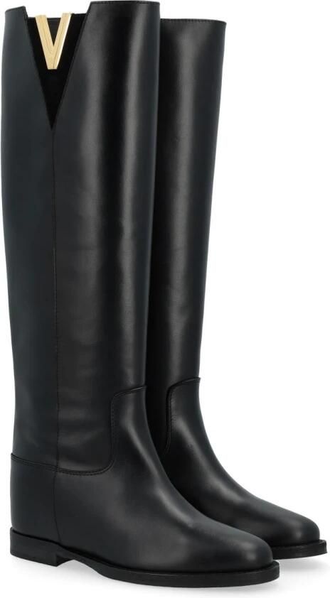 Via Roma 15 Zwarte leren Hoge Laarzen met gouden metalen V-detail