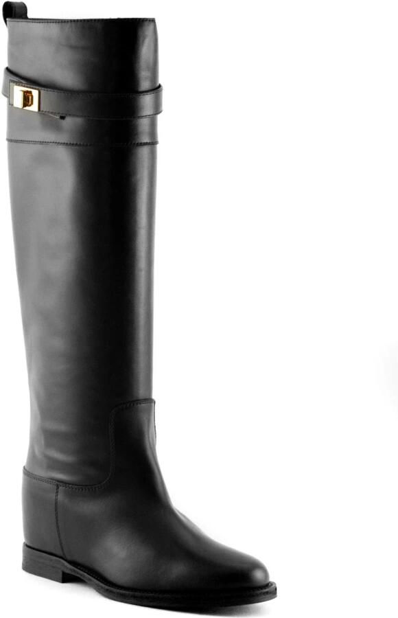Via Roma 15 Zwarte leren kniehoge laarzen met goudkleurige plaque