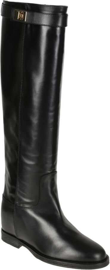 Via Roma 15 Zwarte leren laars met gouden gesp Black Dames