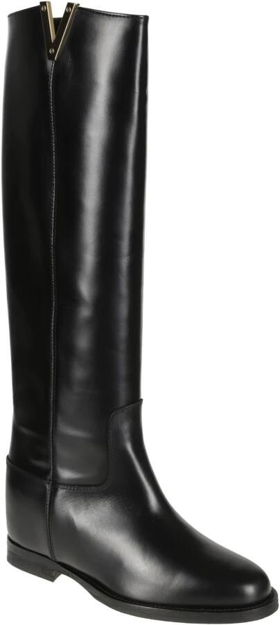 Via Roma 15 Zwarte Leren Laarzen met Gouden V-Detail