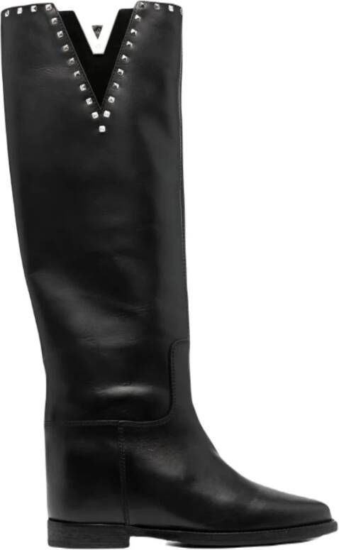 Via Roma 15 Zwarte kniehoge laarzen voor dames met zilverkleurige studs Zwart Dames