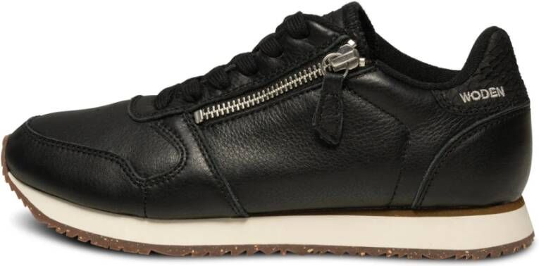 Woden Ydun Leather Zipper Trendy Leren Sneakers Black Dames