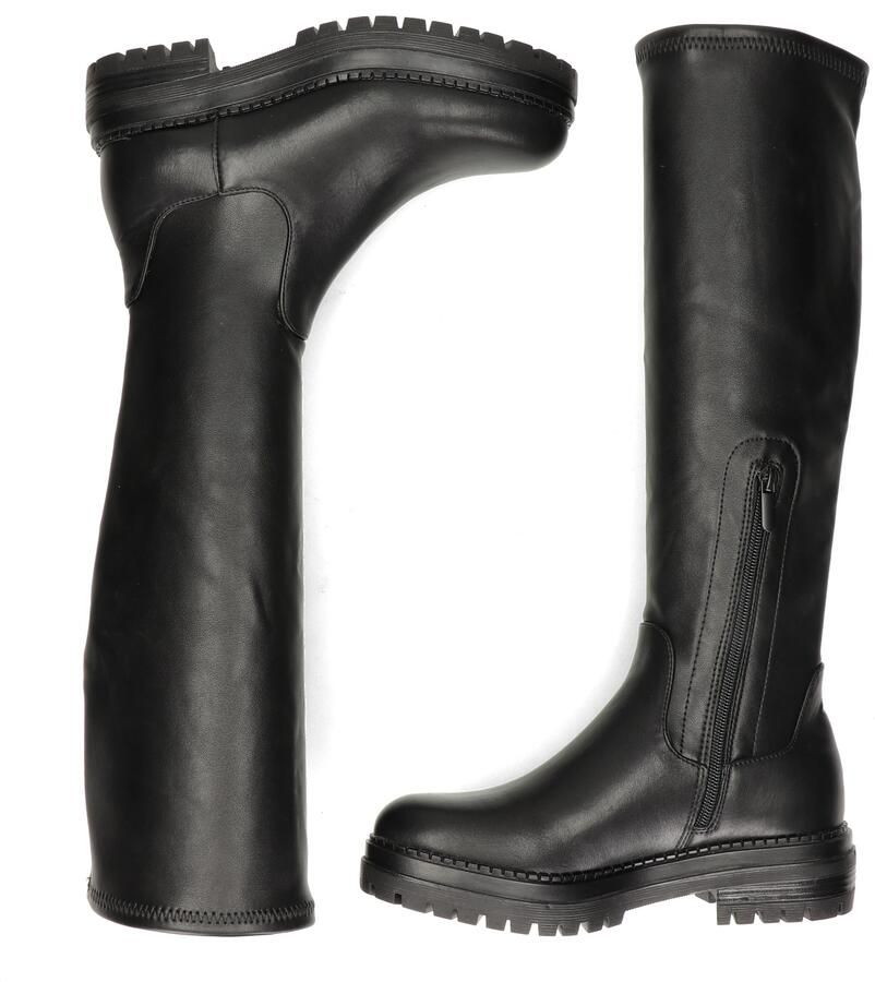 PS Poelman Dames CYBELE PU Imitatieleren Stretch Hoge Laarzen met Stoere Profielzool en Rits Zwart - Foto 5