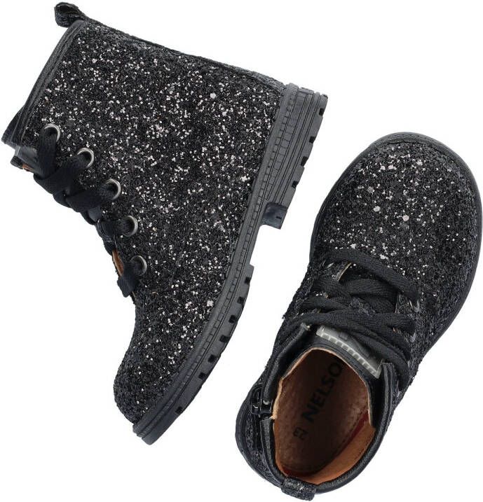 Nelson Kids leren veterboots met glitters zwart Meisjes Leer Effen 29 - Foto 4