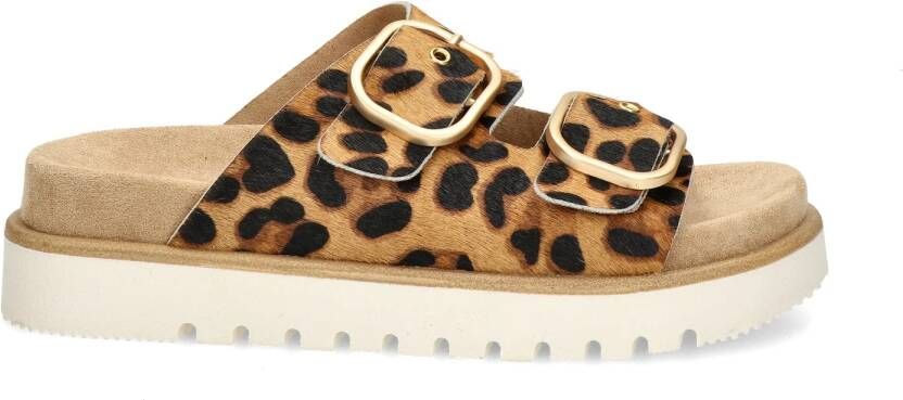 Nelson slippers met ponyhair en panterprint cognac zwart - Foto 2