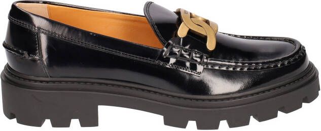 TOD'S Zwarte geborsteld leren mocassin met kettingdetail Black Dames