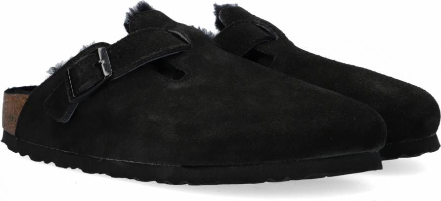 Birkenstock Boston Black narrow Shearling Veloursleder Suede Dames Pantoffels Zwart