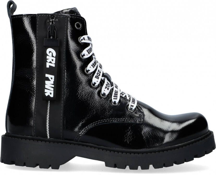 Braqeez Belle Boot Meisjes Biker Boots Zwart Leer Veters