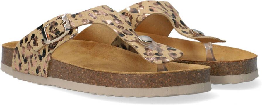 Develab 48202 leren teenslippers met panterprint beige goud