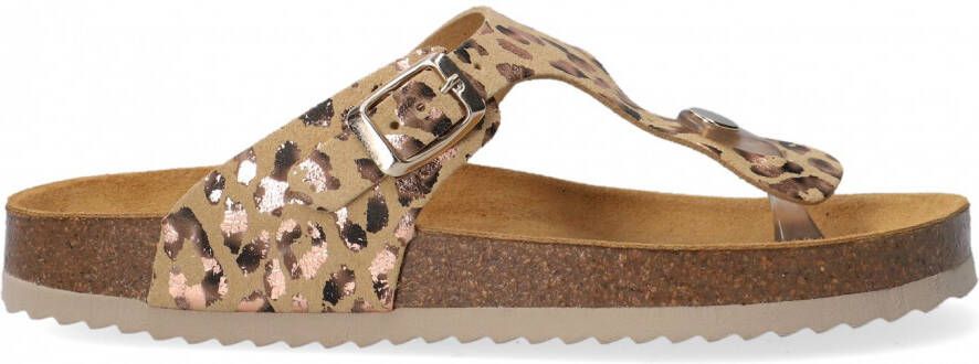 Develab 48202 leren teenslippers met panterprint beige goud